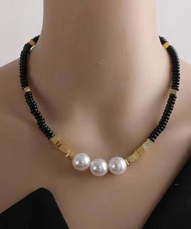 Elegant Black Alloy Pearl Beading Graduated Bead Necklace