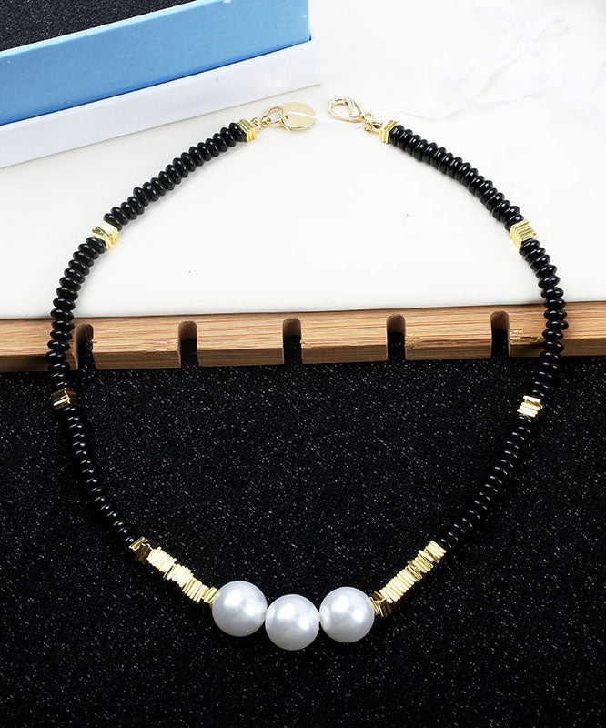 Elegant Black Alloy Pearl Beading Graduated Bead Necklace