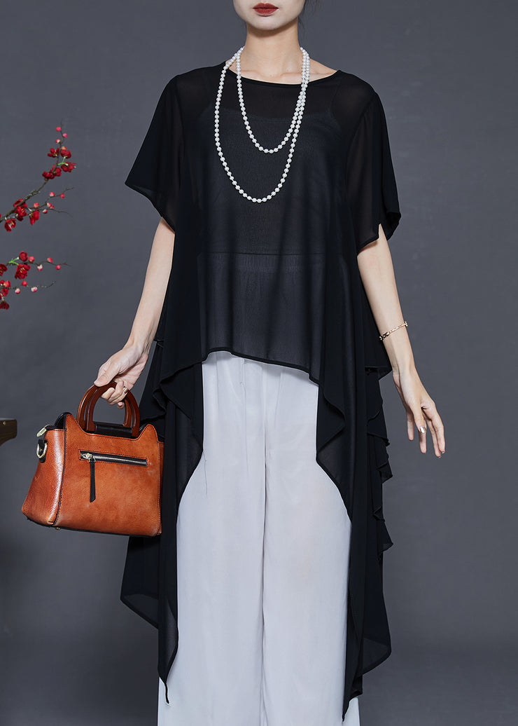 Elegant Black Asymmetrical Chiffon Shirts Summer