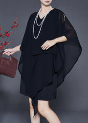 Elegant Black Asymmetrical Cold Shoulder Chiffon Tea Dress Summer