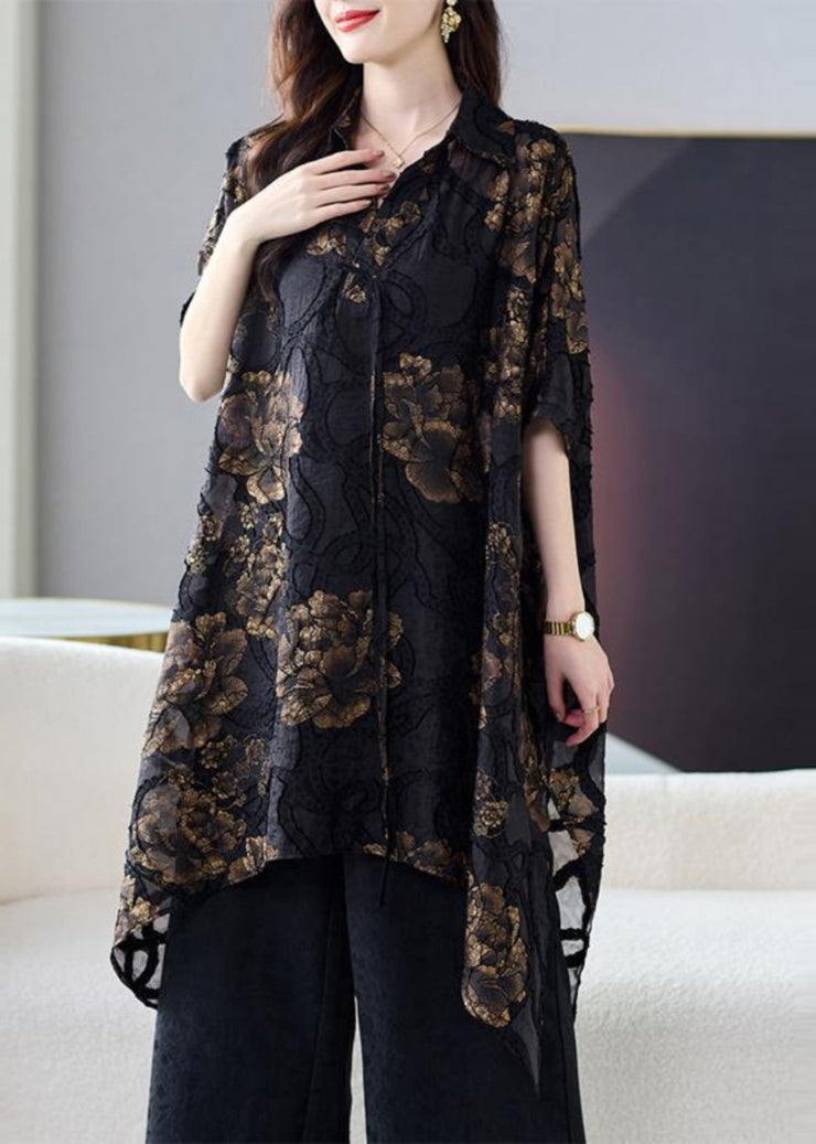 Elegant Black Asymmetrical Floral Silk Blouse Tops Summer