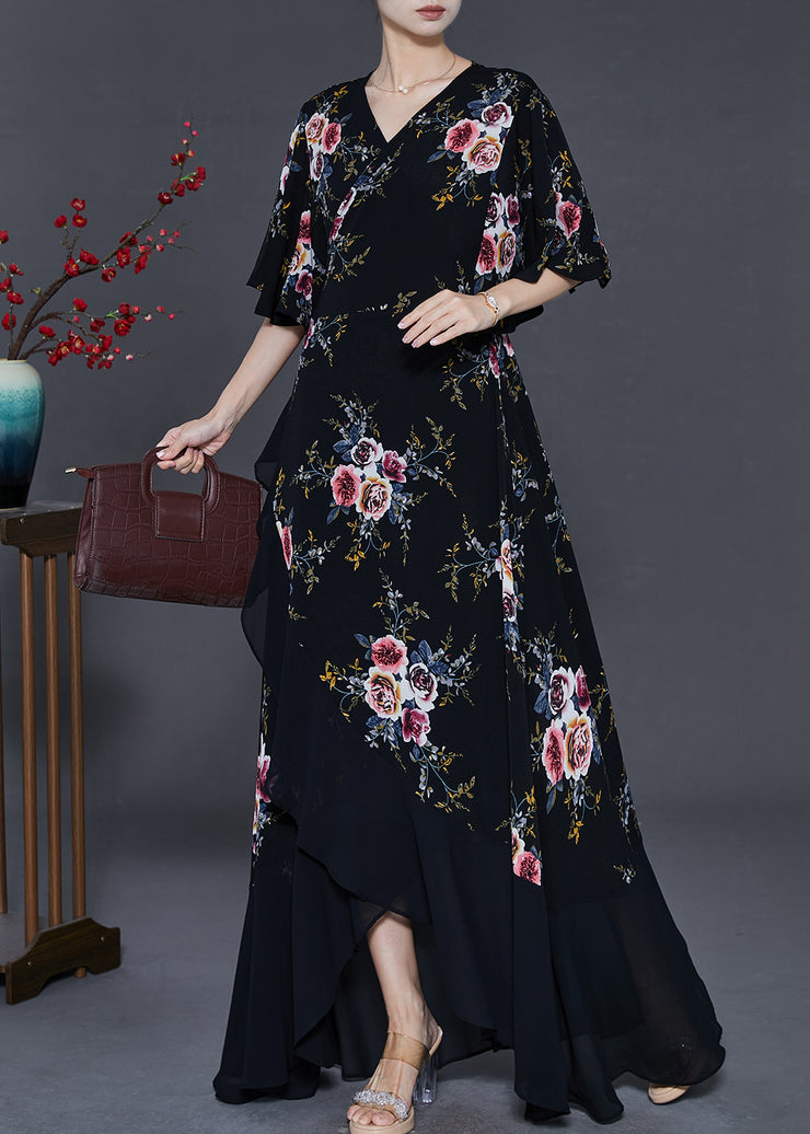 Elegant Black Asymmetrical Print Chiffon Maxi Dresses Summer