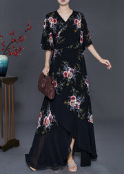 Elegant Black Asymmetrical Print Chiffon Maxi Dresses Summer