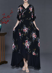 Elegant Black Asymmetrical Print Chiffon Maxi Dresses Summer