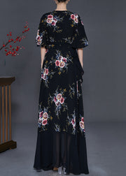 Elegant Black Asymmetrical Print Chiffon Maxi Dresses Summer