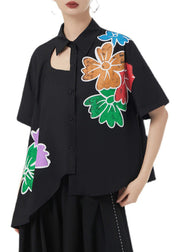 Elegant Black Asymmetrical Print Patchwork Cotton Shirts Short Sleeve