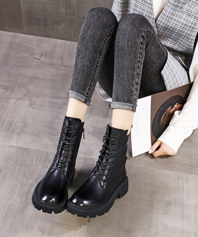 Elegant Black Boots Warm Fleece Lace Up Chunky Boots