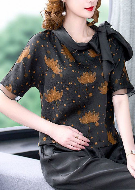 Elegant Black Bow Collar Patchwork Print Silk Shirt Short Sleeve