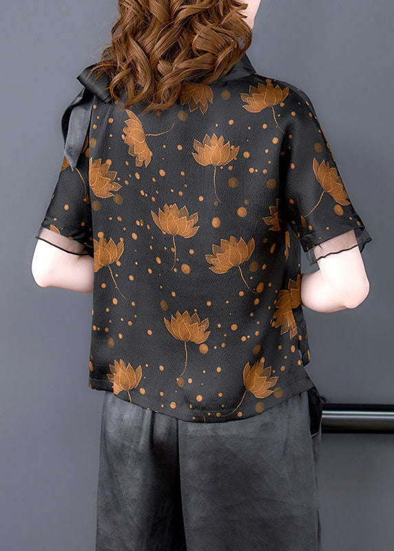 Elegant Black Bow Collar Patchwork Print Silk Shirt Short Sleeve