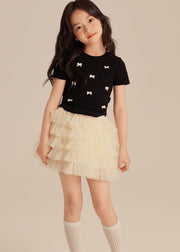 Elegant Black Bow Girls Top And Beach Skirts Two Pieces Set Summer