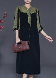 Elegant Black Bow Patchwork Chiffon Dresses Lantern Sleeve