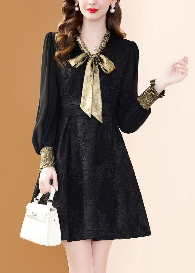 Elegant Black Bow Pockets Patchwork Dresses Winter