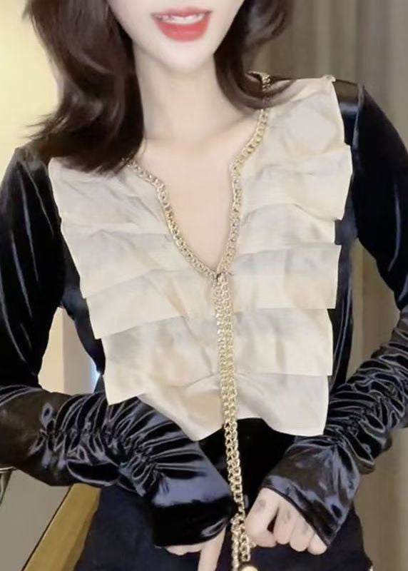 Elegant Black Chain Linked Patchwork Velour Shirts Spring