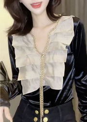 Elegant Black Chain Linked Patchwork Velour Shirts Spring