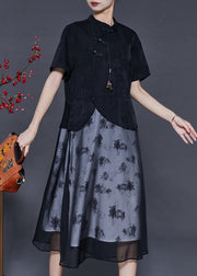 Elegant Black Chinese Button Patchwork Chiffon Dresses Summer