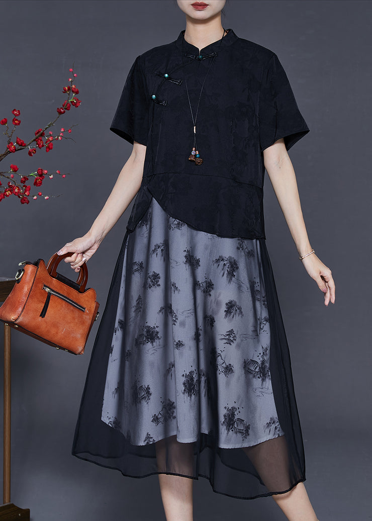 Elegant Black Chinese Button Patchwork Chiffon Dresses Summer