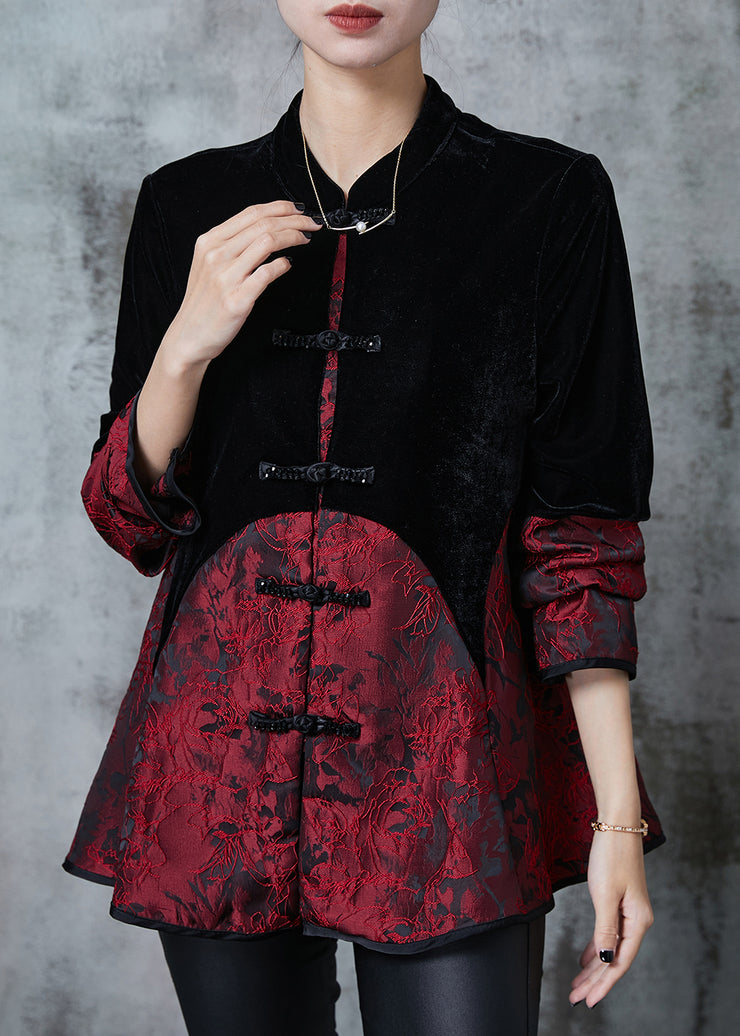 Elegant Black Chinese Button Patchwork Velvet Oriental Coats Fall