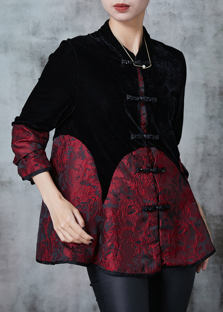 Elegant Black Chinese Button Patchwork Velvet Oriental Coats Fall
