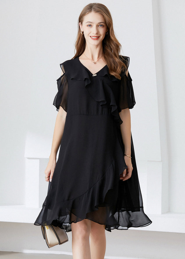 Elegant Black Cold Shoulder Ruffles Chiffon Maxi Dresses Summer