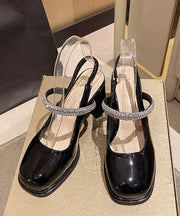 Elegant Black Cowhide Leather Cross Strap Chunky High Heels