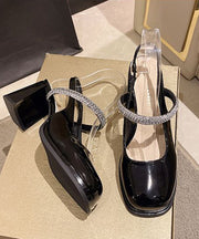 Elegant Black Cowhide Leather Cross Strap Chunky High Heels