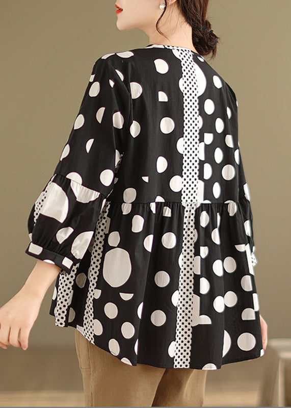 Elegant Black Dot Patchwork Button Shirt Spring