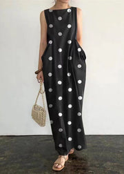 Elegant Black Dot Print Pockets Long Dresses Sleeveless