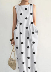 Elegant Black Dot Print Pockets Long Dresses Sleeveless