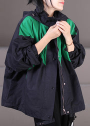 Elegant Black Drawstring Patchwork Zippered Button Hooded Trench Coats Fall