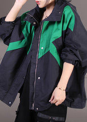 Elegant Black Drawstring Patchwork Zippered Button Hooded Trench Coats Fall