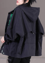 Elegant Black Drawstring Patchwork Zippered Button Hooded Trench Coats Fall