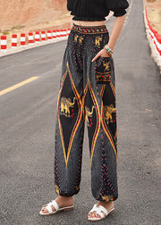 Elegant Black Elastic Waist Print Lantern Pants Summer