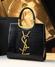 Elegant Black Embossed Large Capacity Calf Leather Tote Handbag