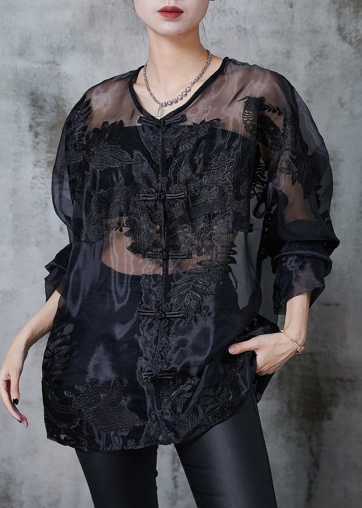 Elegant Black Embroidered Hollow Out Organza Blouses Summer