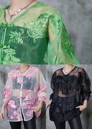 Elegant Black Embroidered Hollow Out Organza Blouses Summer