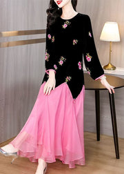 Elegant Black Embroidered Patchwork Silk Velvet Long Dress Spring