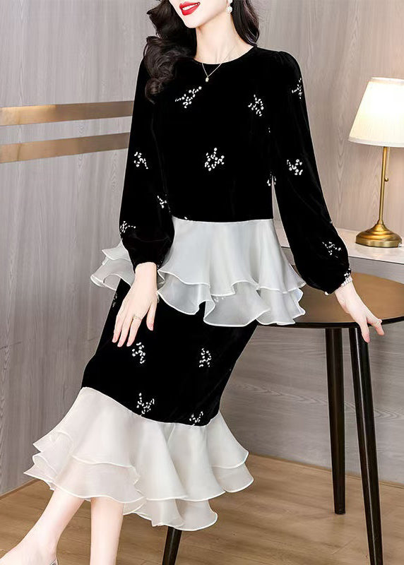 Elegant Black Embroidered Patchwork Silk Velvet Two-Piece Set Spring