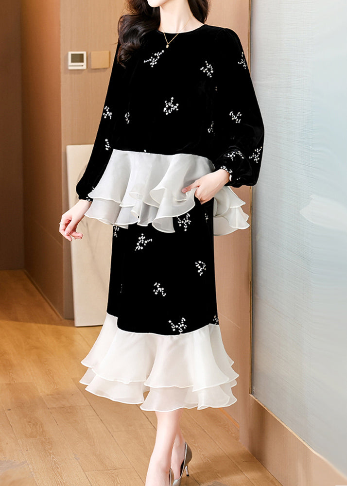 Elegant Black Embroidered Patchwork Silk Velvet Two-Piece Set Spring