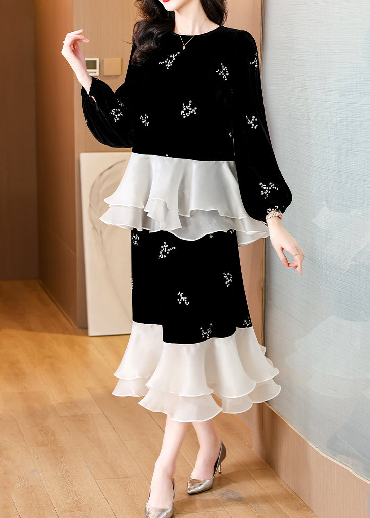 Elegant Black Embroidered Patchwork Silk Velvet Two-Piece Set Spring