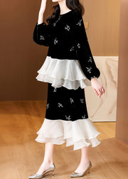 Elegant Black Embroidered Patchwork Silk Velvet Two-Piece Set Spring