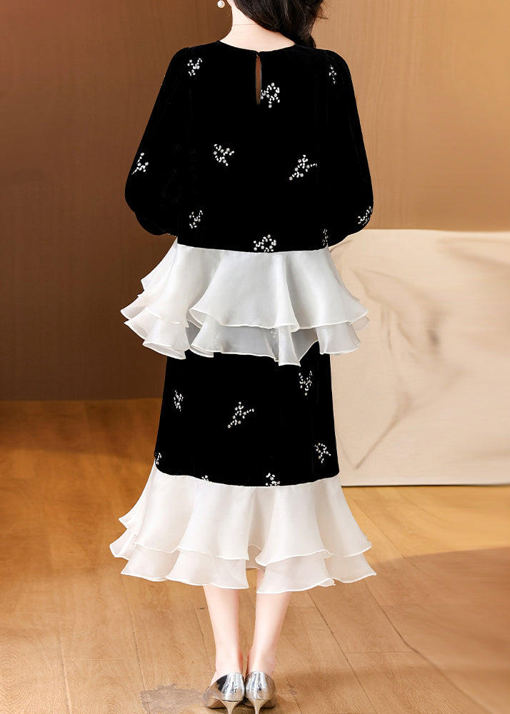 Elegant Black Embroidered Patchwork Silk Velvet Two-Piece Set Spring