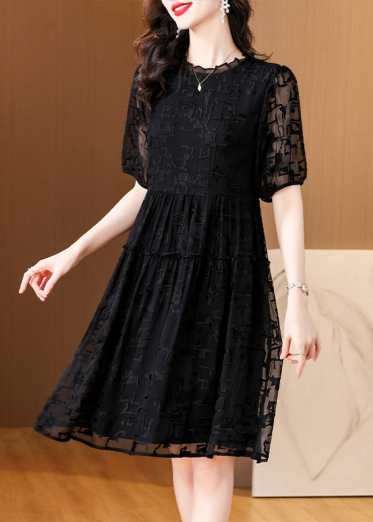 Elegant Black Embroidered Ruffled Silk Dresses Summer