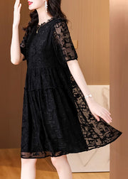 Elegant Black Embroidered Ruffled Silk Dresses Summer