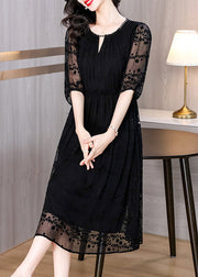 Elegant Black Embroidered Silk Long Dresses Bracelet Sleeve