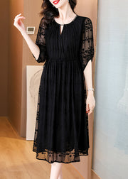 Elegant Black Embroidered Silk Long Dresses Bracelet Sleeve