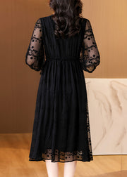Elegant Black Embroidered Silk Long Dresses Bracelet Sleeve