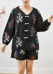 Elegant Black Embroidered Chinese Button Cotton Women Sets 2 Pieces Fall