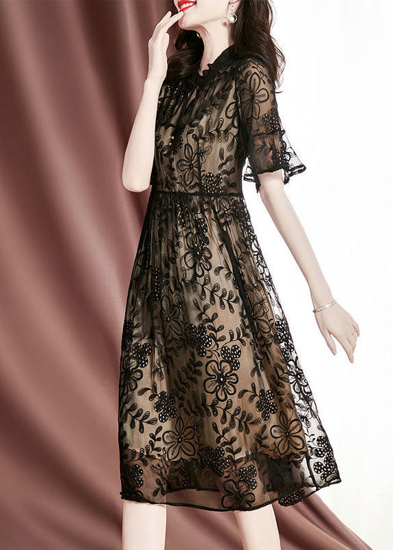 Elegant Black Embroideried Hollow Out Silk Long Dresses Summer