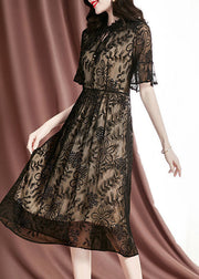 Elegant Black Embroideried Hollow Out Silk Long Dresses Summer