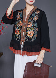 Elegant Black Embroidered Patchwork Ruffles Blouses Fall